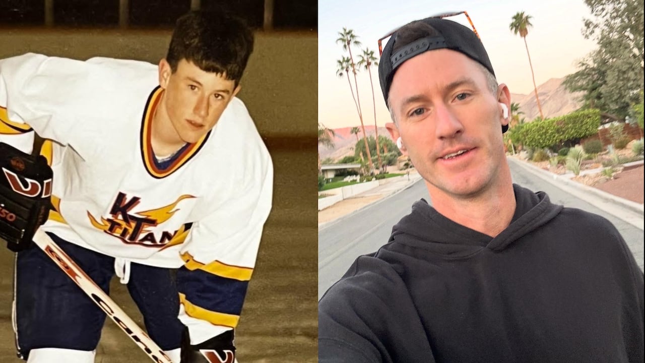 Two photos show a young hockey player on the ice, left, and a man taking a selfie with mountains and palm trees in the background.